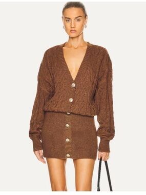 Retrofete Brown Tala Cable-Knit V-Neck Button Sweater Dress